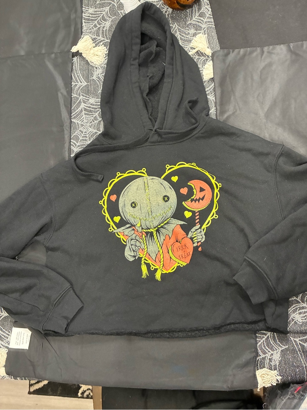 Trick or Treat Black Cropped Halloween Graphic Hoodie
